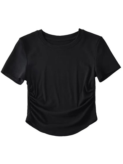 Harajuku 2024 Womens Crew Neck Ruched Side Cotton Tee