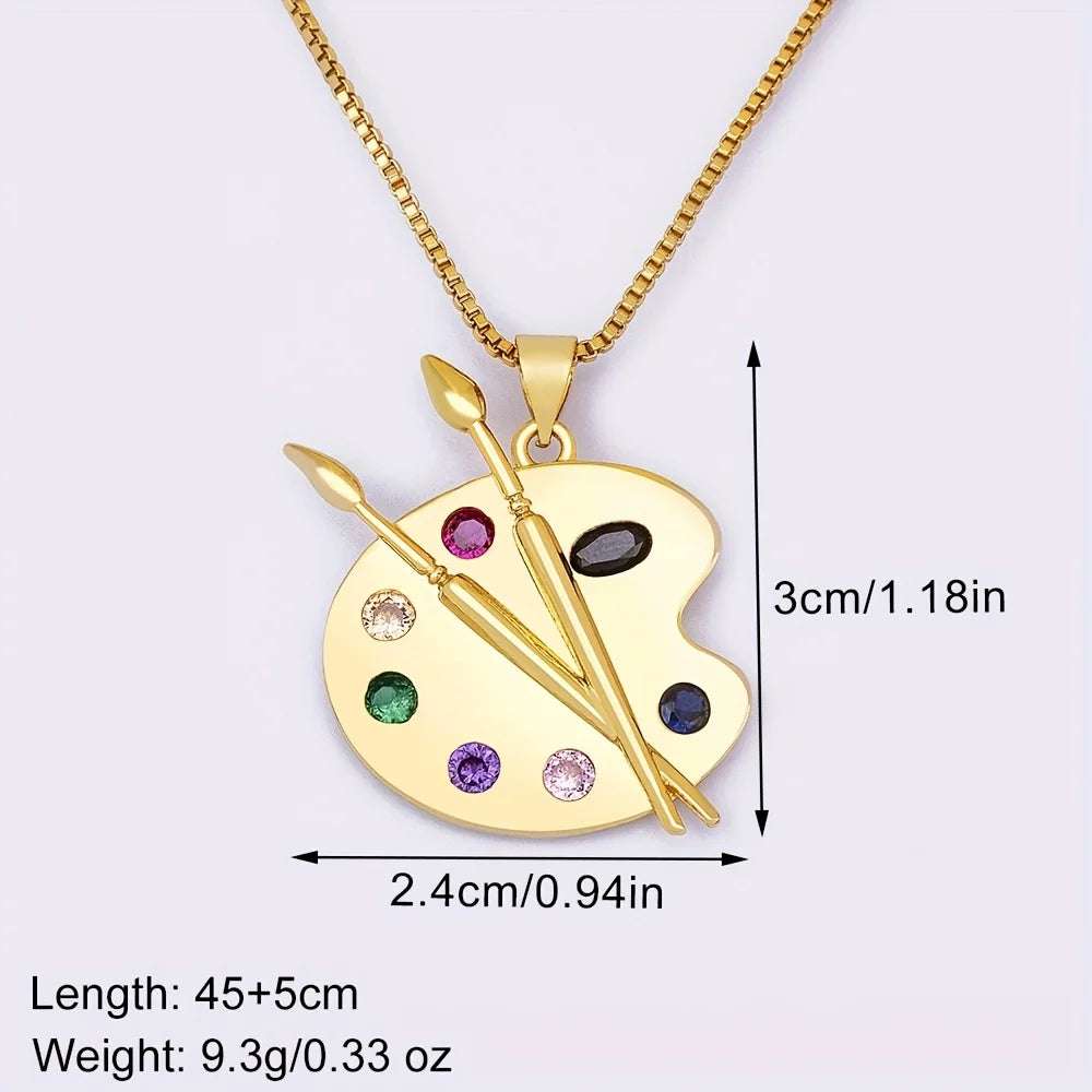 Colorful Zirconia Palette Pendant Necklace for Women Art-Inspired Brush Chain Jewelry