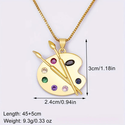 Colorful Zirconia Palette Pendant Necklace for Women Art-Inspired Brush Chain Jewelry