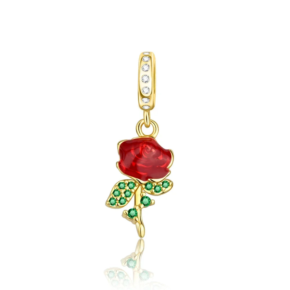925 Sterling Silver Colorful Flower Charms with Zircon Roses Tulips and Daisies for DIY Necklace and Bracelet Jewelry Gifts
