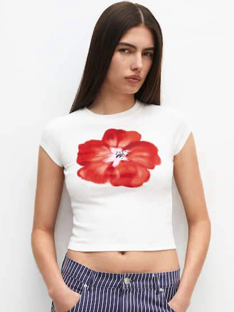 Dozw Crop Top Women Red Flower Print O Neck Short Sleeve