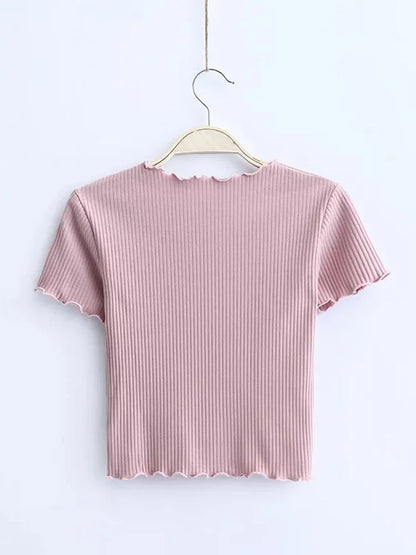 Vintage Ribbed O Neck Tee for Women Slim Fit Short Sleeve