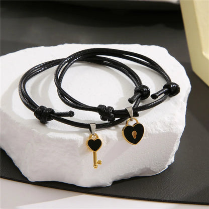 Charm Black Heart Key Lock Adjustable Couple Bracelets Set for Lovers