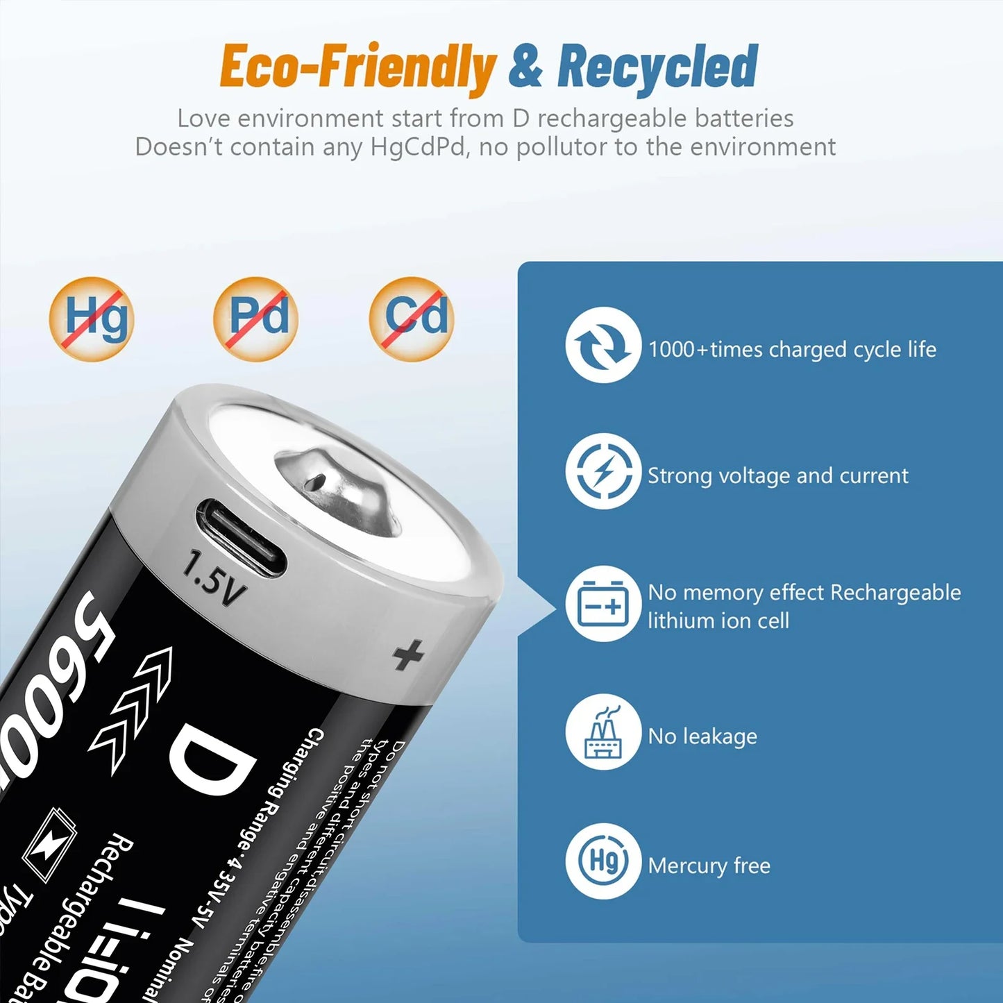 AIPEKE 2-10PC USB 5600mWh D Size Rechargeable Lithium Batteries D SIZE 5600mWh 10PC 1.5V