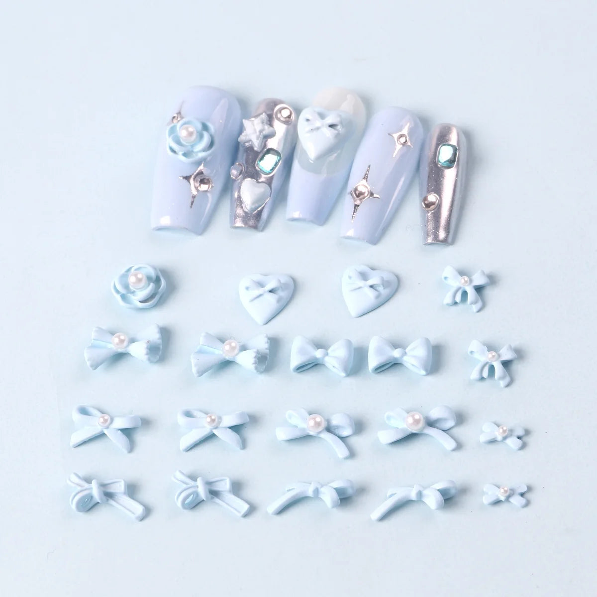 Kawaii 3D Bow Knot Nail Decoration Set - 20Pcs Blue Pink Resin Charms