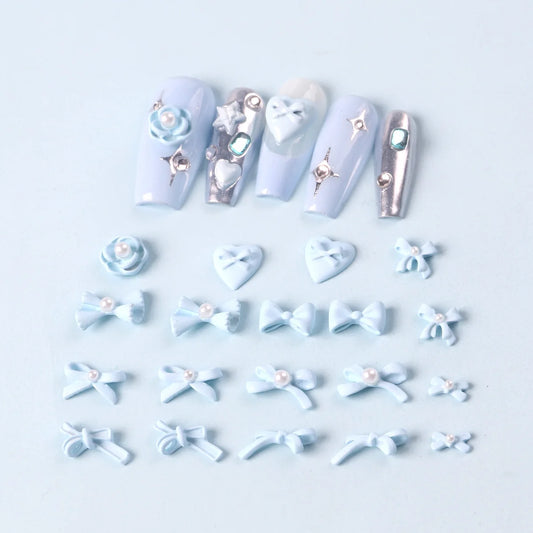 Kawaii 3D Bow Knot Nail Decoration Set - 20Pcs Blue Pink Resin Charms