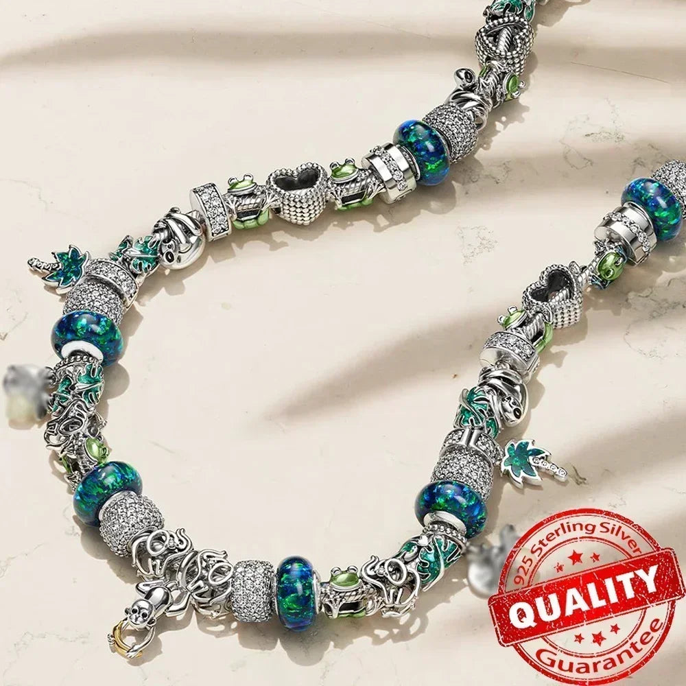 Green Monstera Leaf Charm 925 Sterling Silver Dangle Bracelet Jewelry for Women