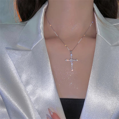 Elegant Crystal Cross Pendant Necklace Silver Star Jewelry for Women NJ-1034