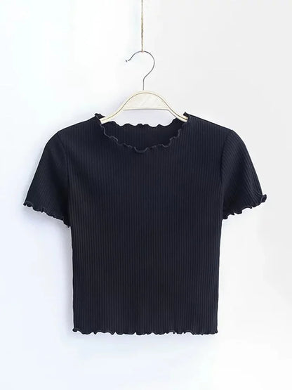 Vintage Ribbed O Neck Tee for Women Slim Fit Short Sleeve
