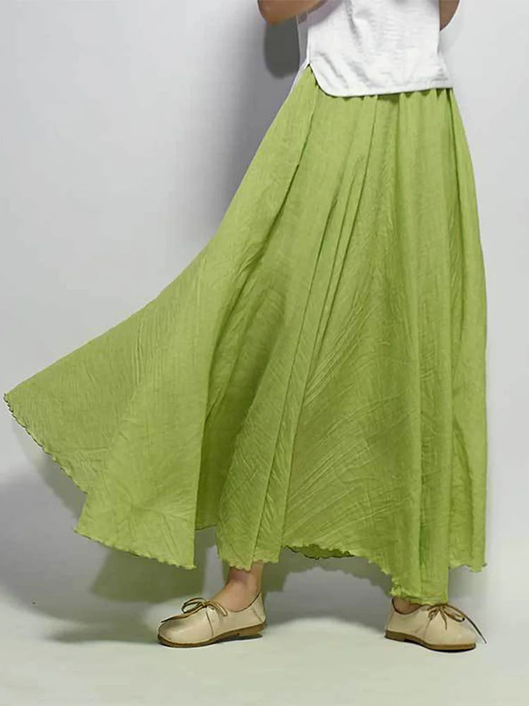 Boho Linen Cotton Maxi Skirt Elastic Waist Beige Pink