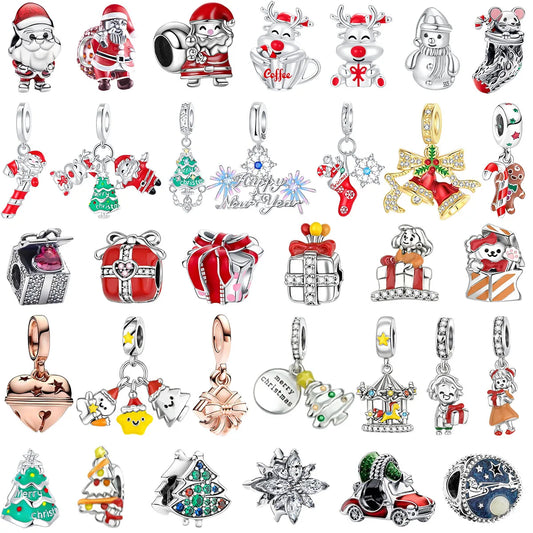 925 Sterling Silver Christmas Charms Set Santa Claus Reindeer Snowflake Beads for DIY Jewelry Gifts