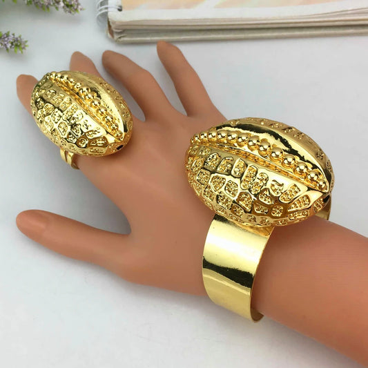 Elegant Gold-Plated Brazilian Jewelry Set for Women with Earrings, Ring, and Bracelet