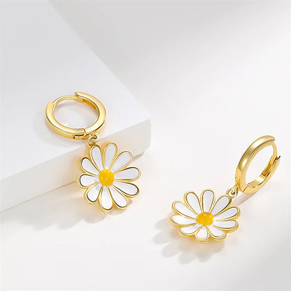 Vintage Daisy Flower Hoop Earrings with Delicate Enamel Sunflower Pendant for Women and Girls Summer Jewelry