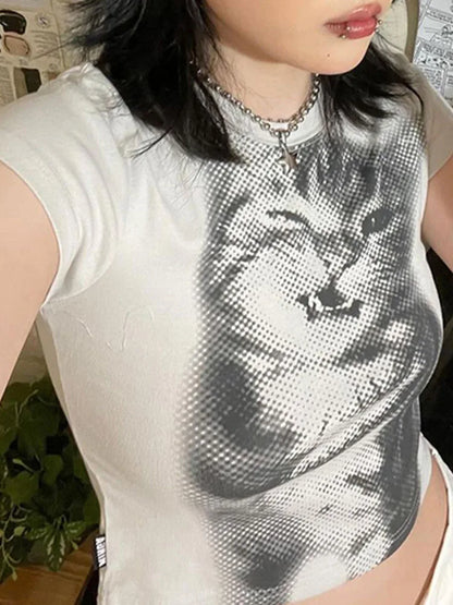 Harajuku Animal Print Crop Top White Slim Crewneck Vintage