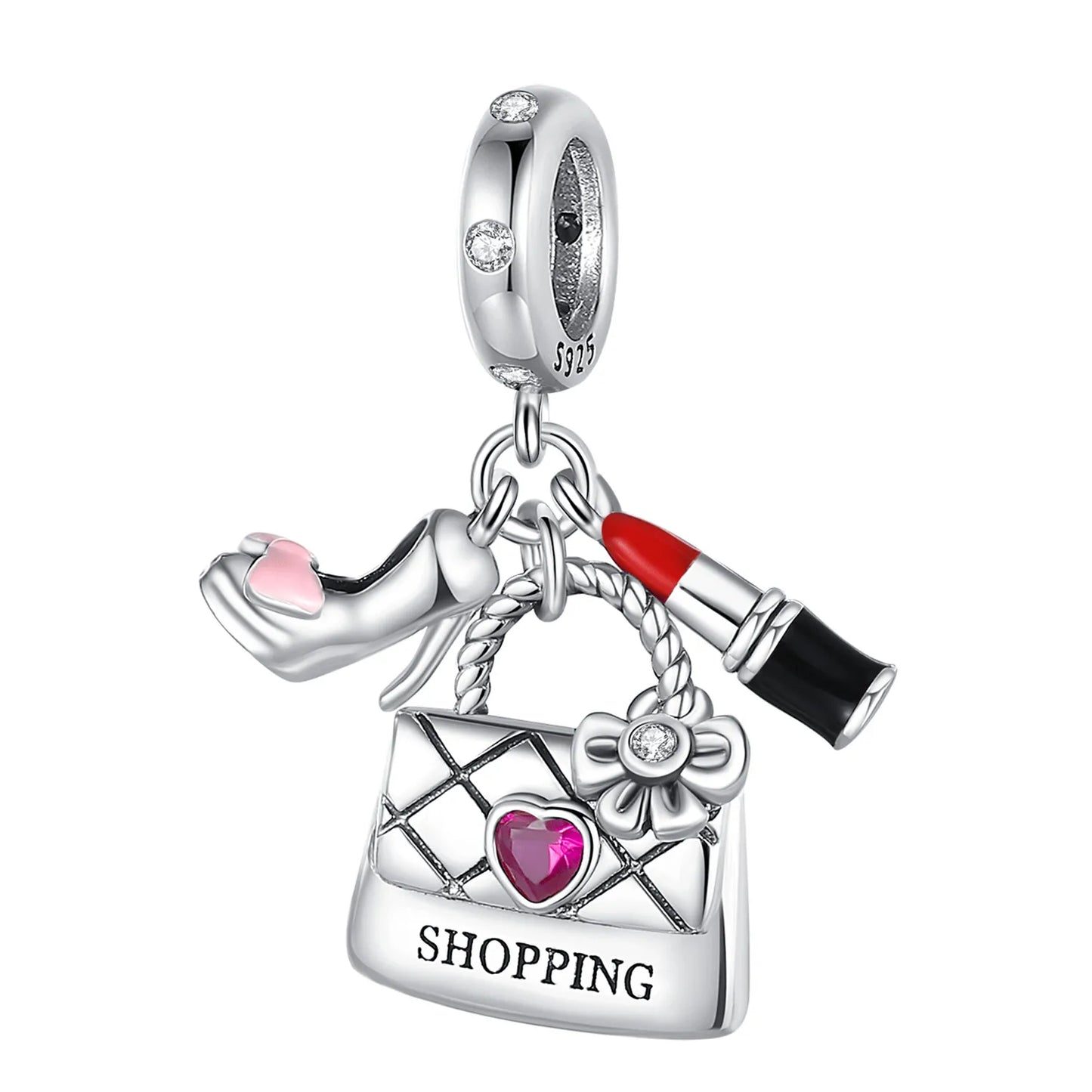 Romantic 925 Sterling Silver Lipstick Charm Pendant with Zircon for Womens Bracelets Necklaces DIY Jewelry Gift
