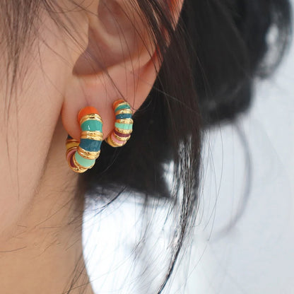 Kpop Multicolour Enamel Bamboo Hoop Earrings for Women - Stainless Steel C Shape Summer Jewelry