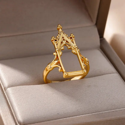 Gold Plated Stainless Steel Magic Mirror Rings for Women - Aesthetic Wedding Crown Design with Castle, Flower, and Leaf Motifs Luxury Jewelry