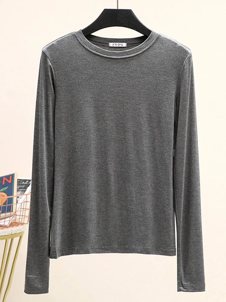 Modal Cotton Long Sleeve O Neck Womens Autumn Basic Tee