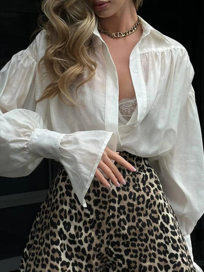 Autumn Womens Fashion Collared Office Shirt Flare Sleeve
