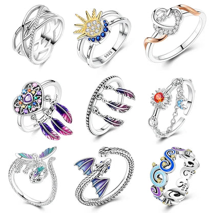Women’s 925 Sterling Silver Dream Catcher Dragon Ring with Sun Zircon Heart Design