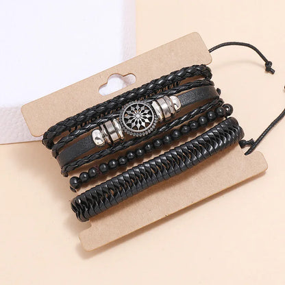 ZORCVENS Men's Handmade Braided Leather Bracelet Set - Vintage Black Punk Fashion Gift