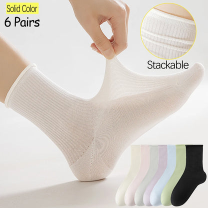 6 Pairs Modal Mid Calf Women Socks Mesh Ventilated Stretch