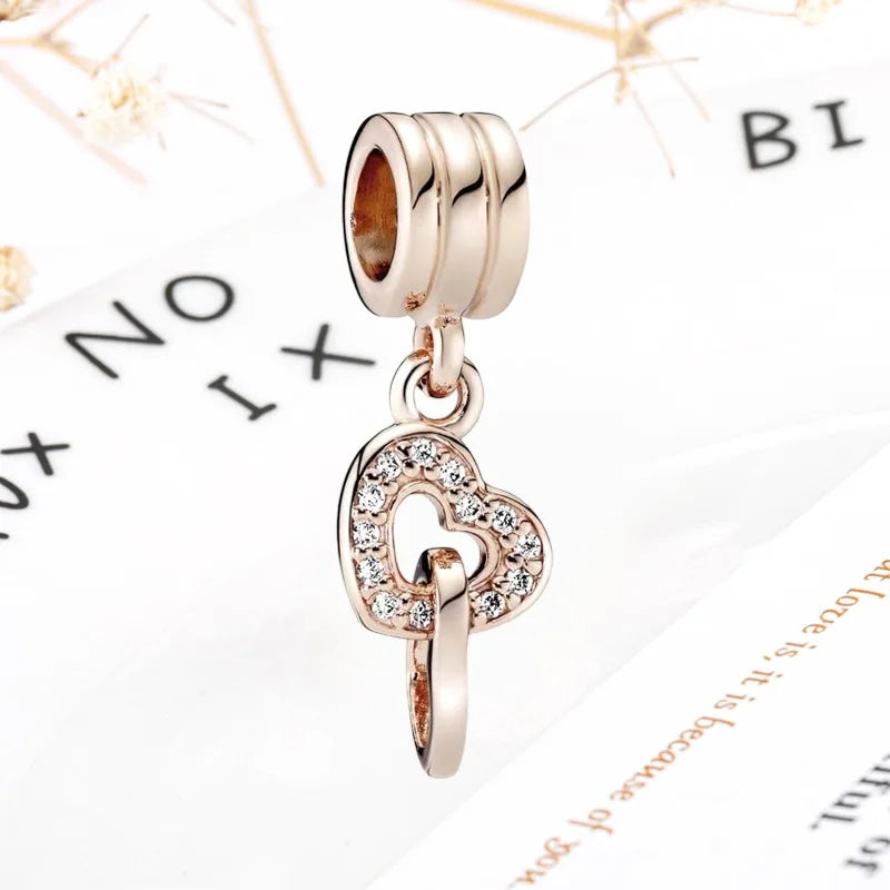 Rose Gold Winged Angel Heart Charm Bead Pink Daisy Spacer