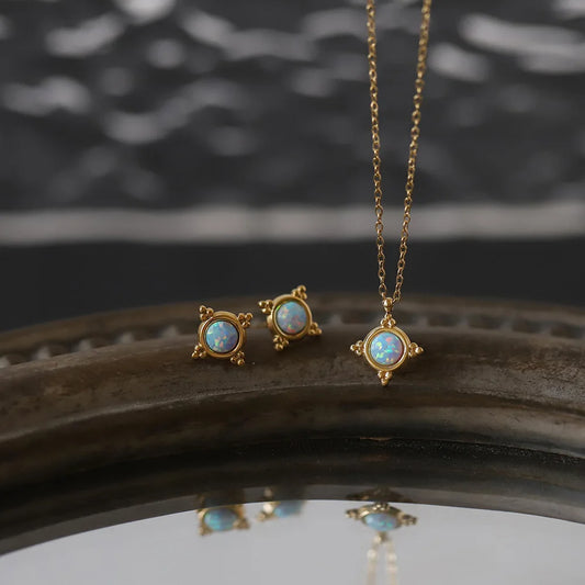 Vintage Opal Color Illusion Stainless Steel Necklace Earrings Set for Women