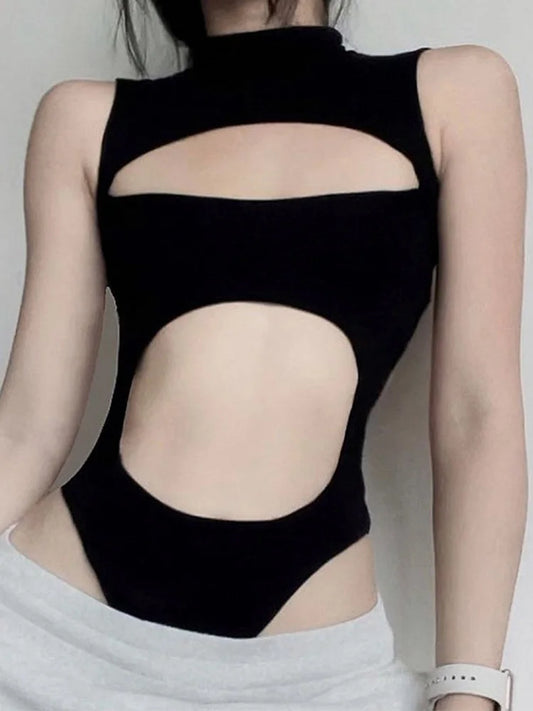 Gothic Techwear Hollow Out Sleeveless Bodysuit Women