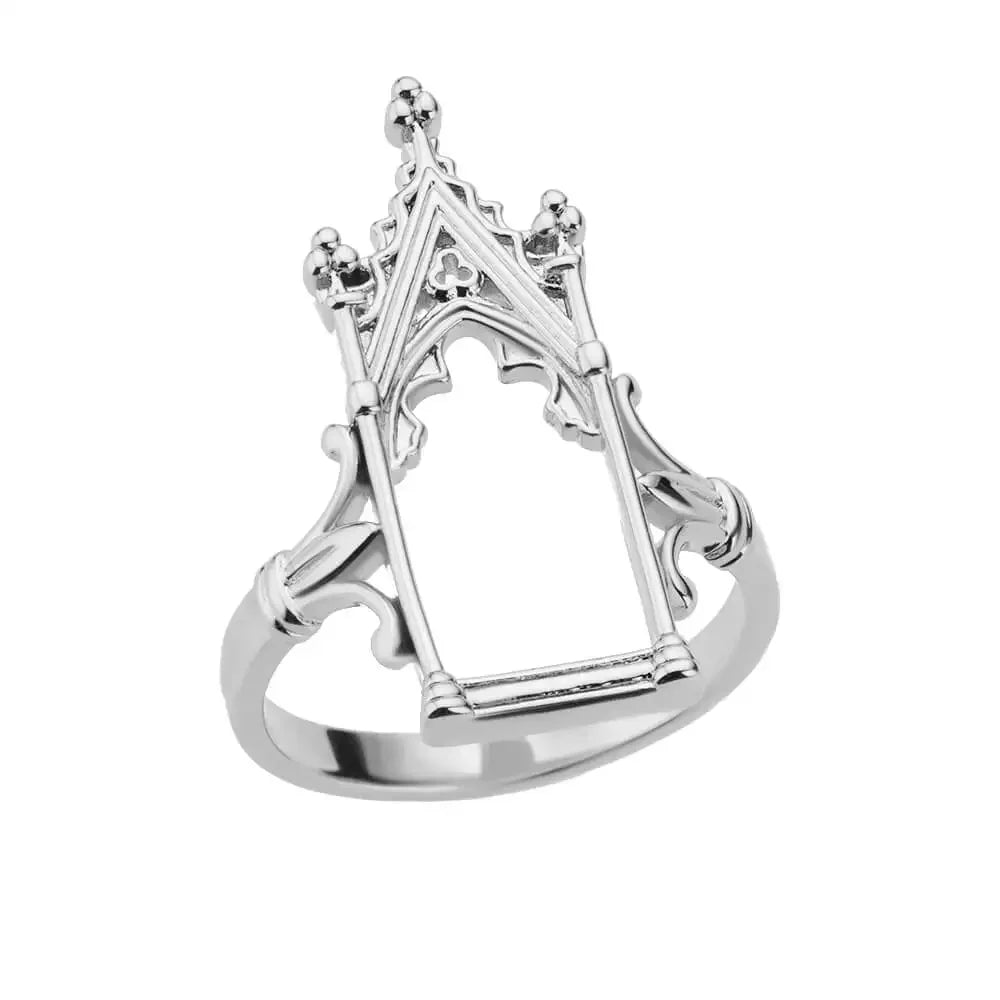 Gold Plated Stainless Steel Magic Mirror Rings for Women - Aesthetic Wedding Crown Design with Castle, Flower, and Leaf Motifs Luxury Jewelry