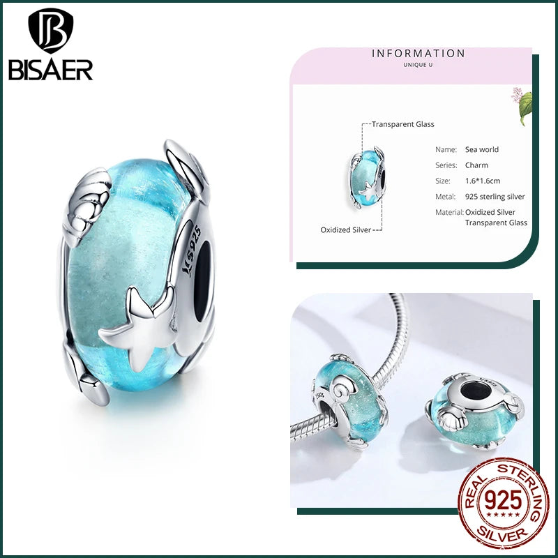 BISAER Ocean Charm 925 Sterling Silver Dolphin and Mermaid Bead with Blue CZ for DIY Jewelry ECC1257 CHINA