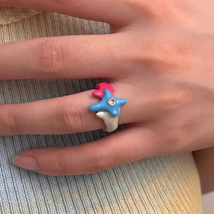 2025 Colorful Enamel Heart Sweet Ring Trendy Geometric Dripping Oil for Women