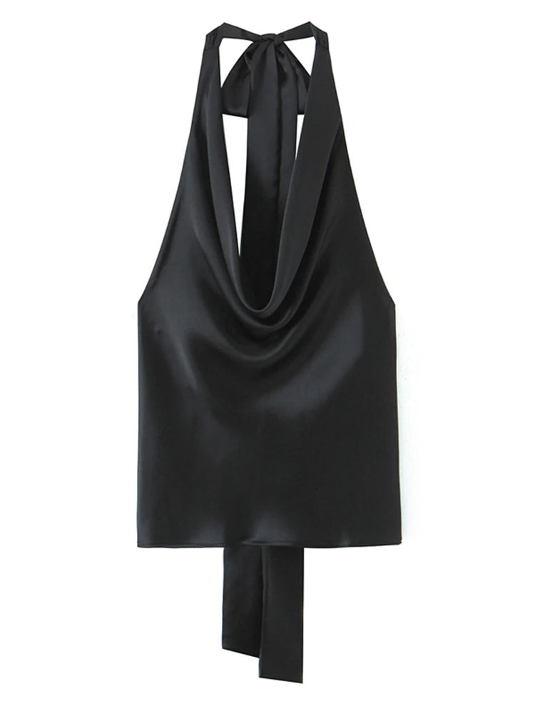 Satin Halter Top With Adjustable Tie Open Back Beach Blouse