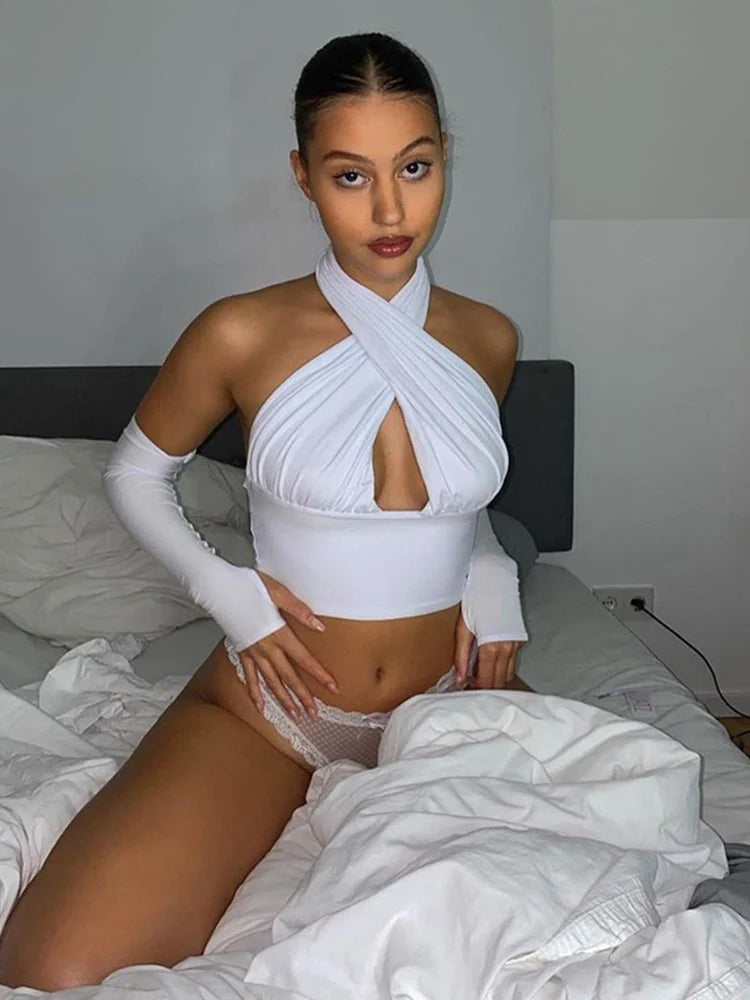 Women Strappy Cross Over Front Cut Out Halter Neck Sleeveless Backless Crop Top Bandage Vest Summer Sexy Tops Woman Clothes S-XL