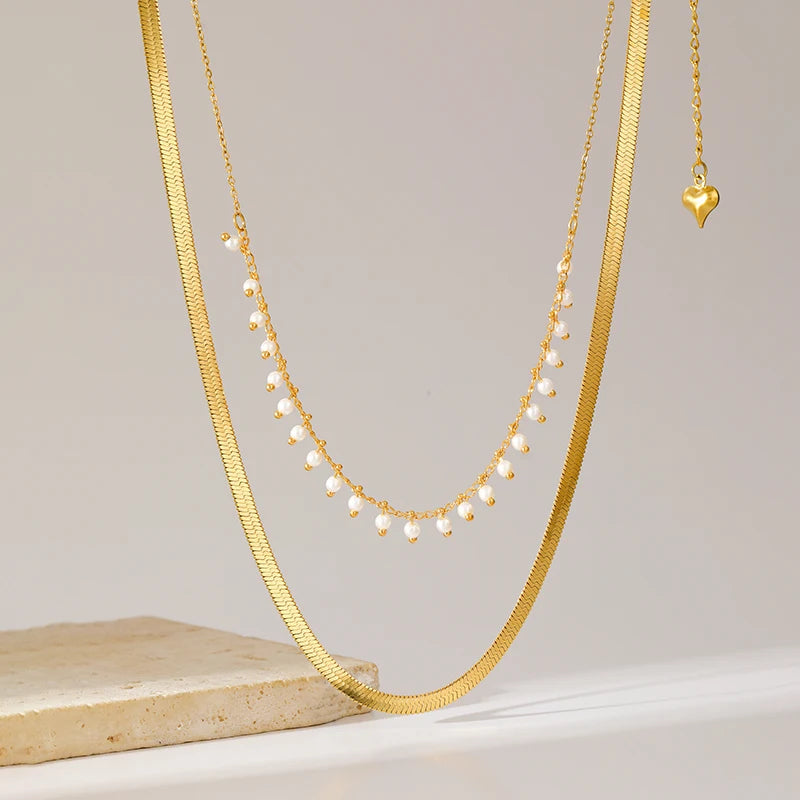 Ganemly Elegant 316L Stainless Steel Double Layer Pearl Necklace for Women 18K Gold Plated Waterproof Fashion Jewelry