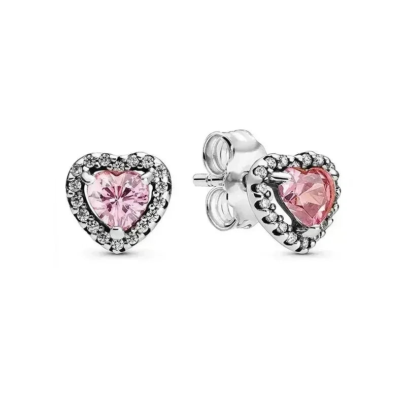 New 925 Sterling Silver Heart Shaped Earrings Rings Necklaces Pink Red Rainbow Luxury Set Sparkling Charm Jewelry Gifts Silver