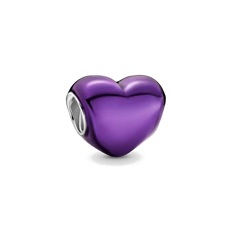 925 Silver Heart-Shaped Beads with Black Red Purple Blue Zircon for European Bracelets and DIY Jewelry