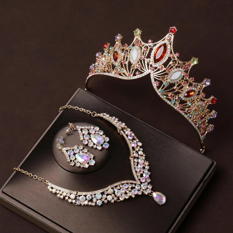 Itacazzo Gold Bridal Headwear Set with Crown, Necklace, and Earrings for Women