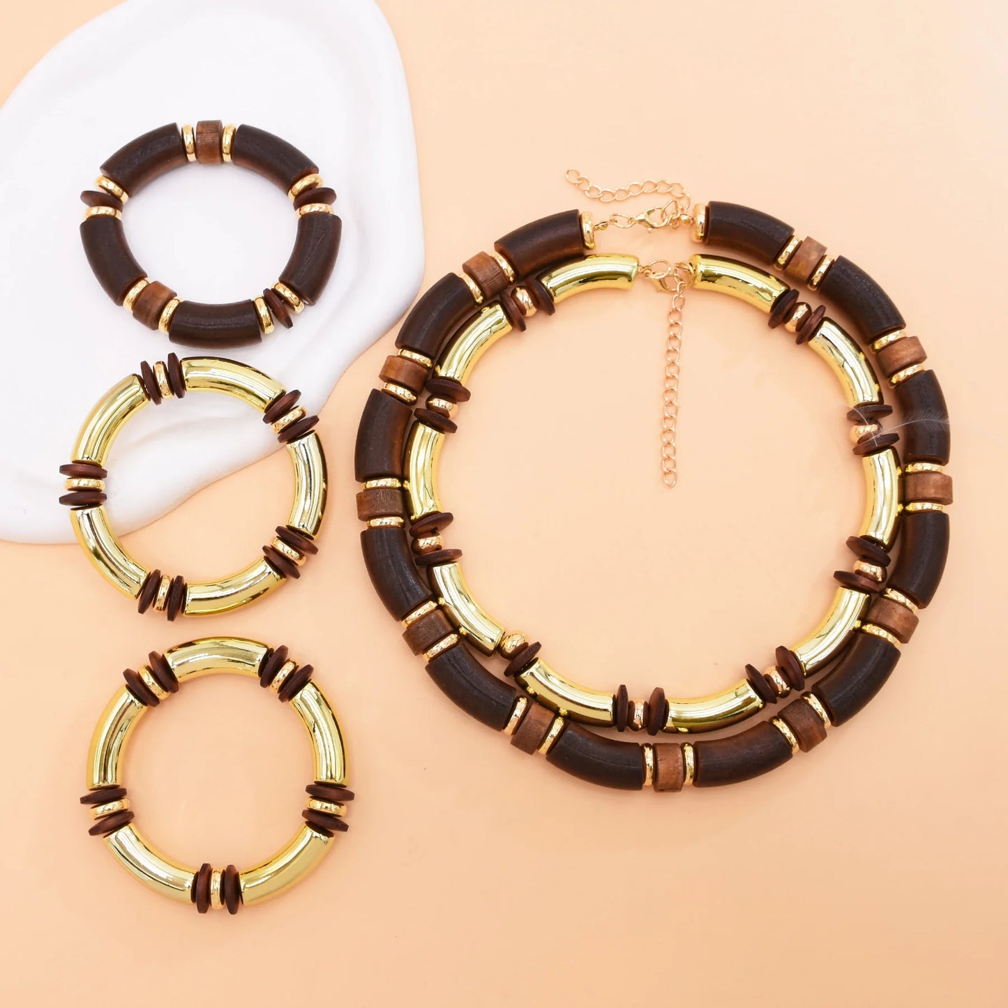 Vintage Brown Wood Multi Layer Necklace And Bracelet Set For Women Gold Plated Fashion Jewelry Gift For Parties