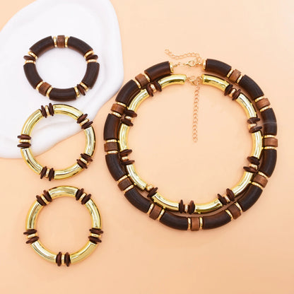 Vintage Brown Wood Multi Layer Necklace And Bracelet Set For Women Gold Plated Fashion Jewelry Gift For Parties