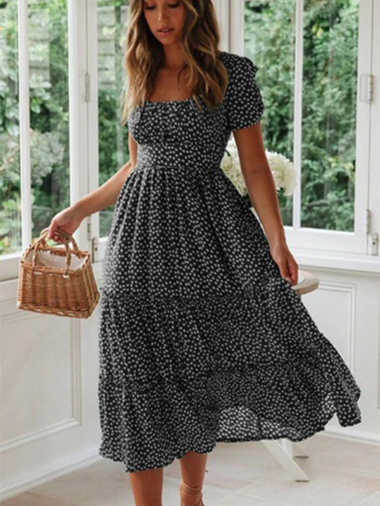 Vintage Floral Maxi Dress Square Collar Puff Sleeve Women