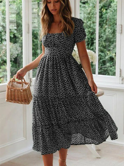 Vintage Floral Maxi Dress Square Collar Puff Sleeve Women