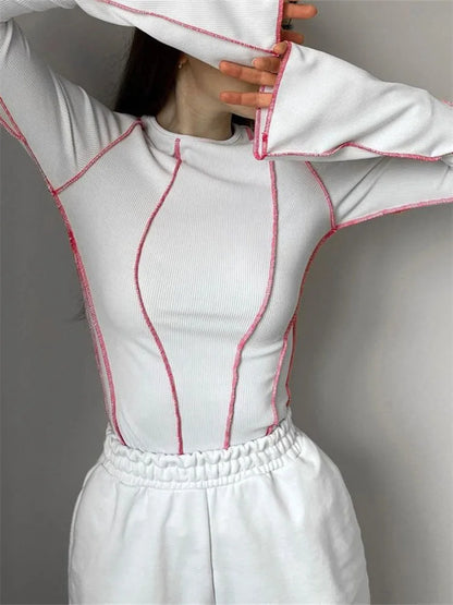 Dozw Patchwork Knit Tee For Women Chic Long Sleeve Ribbed