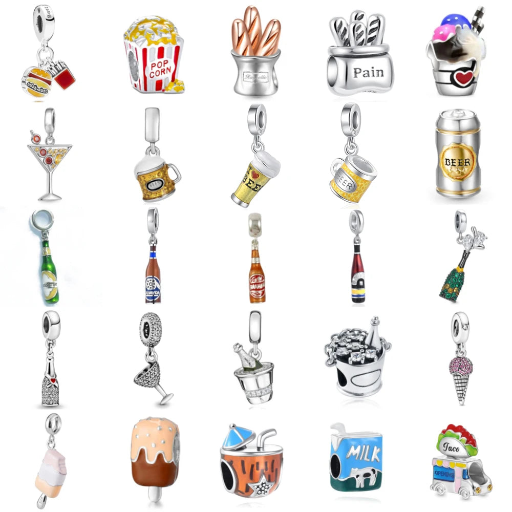 925 Sterling Silver Beer Bottle Popcorn Charm Bead Pendant