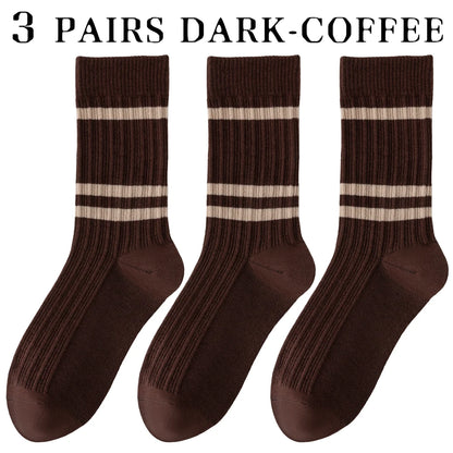 3 Pairs Retro Athletic Mid Calf Double Knit Socks Women