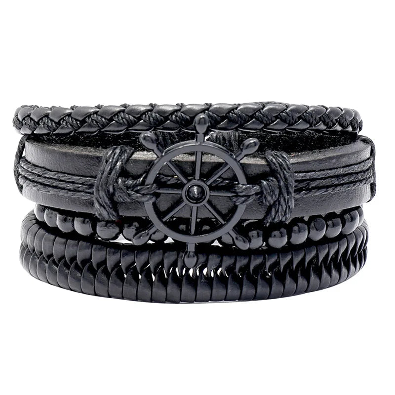 ZORCVENS Men's Handmade Braided Leather Bracelet Set - Vintage Black Punk Fashion Gift