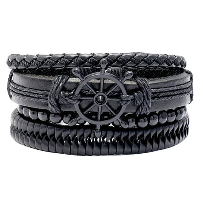 ZORCVENS Men's Handmade Braided Leather Bracelet Set - Vintage Black Punk Fashion Gift
