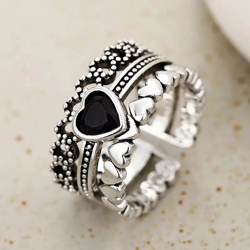 Huitan Vintage Black Heart Rings for Women - Chic Hip Hop Party Jewelry Accessories