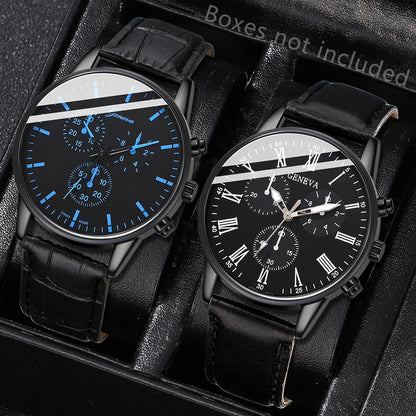 2PCS Set Couple Fashion Casual Leather Watches Simple Dial Black A