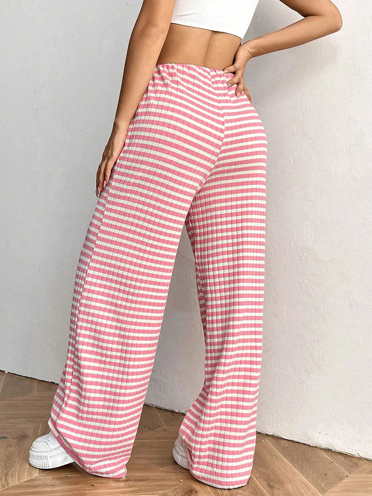 Y2K Striped Printed Long Pants Women Lace Up Straight Leg